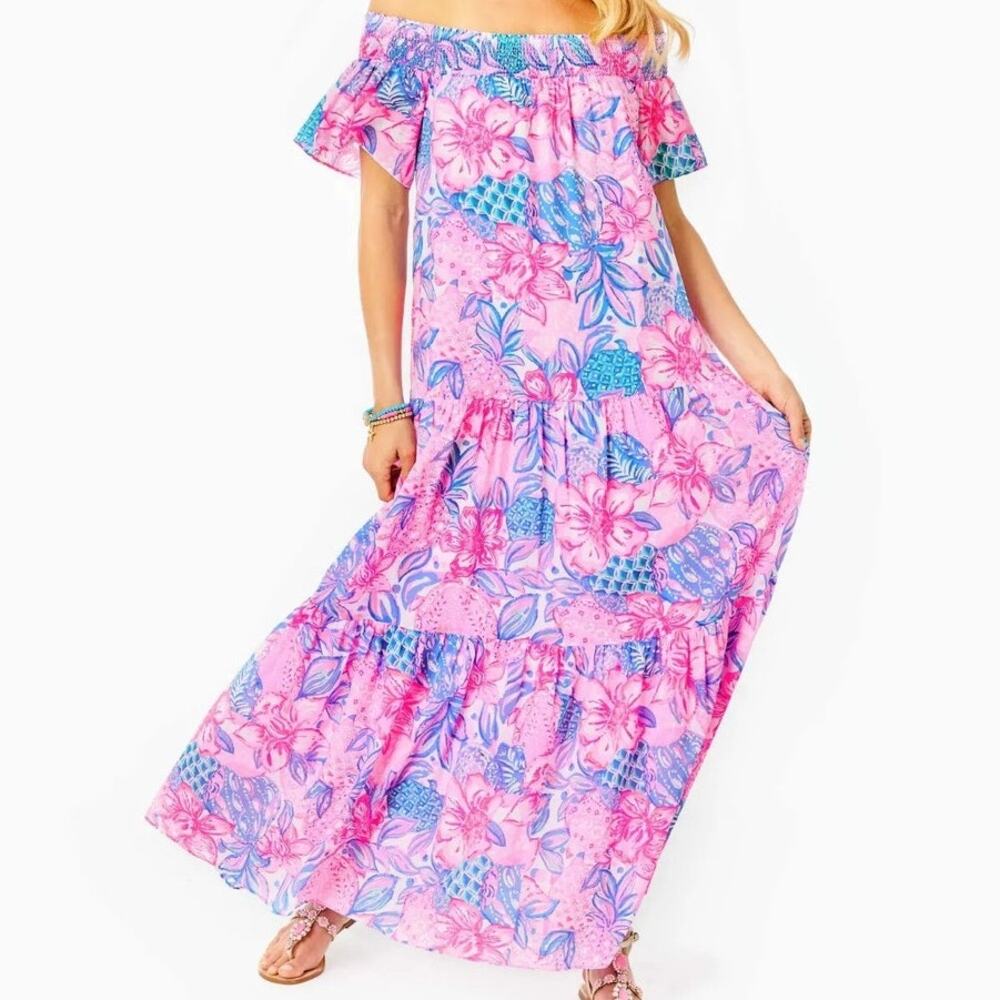 Lilly Pulitzer Dezi Off The Shoulder Maxi Dress Pink Isle Women's Size XXS EUC